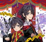  2boys :3 androgynous animal_on_arm bird bird_on_arm black_hair crossed_arms drawr dual_persona gryffindor half_updo harry_potter hogwarts_school_uniform holding holding_wand long_hair long_sleeves male_focus messy_hair multiple_boys necktie nishihara_isao older owl scarf school_uniform short_hair smile striped striped_scarf violet_eyes wand younger 