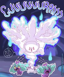  &gt;_&lt; absurdres aura cave closed_eyes commentary commentary_typo cursola dark_aura deviantart_username english_commentary fangs fleeing gameplay_mechanics gen_7_pokemon gen_8_pokemon harlequinwaffles highres mareanie no_humans open_mouth outline pokemon pokemon_(creature) running signature tongue water watermark web_address white_outline 