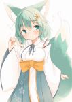  1girl animal_ear_fluff animal_ears bangs blue_hakama blue_ribbon blush borrowed_character breasts brooch cherry_blossom_print closed_mouth commentary_request copyright_request detached_sleeves eyebrows_visible_through_hair floral_print fox_ears fox_girl fox_tail green_eyes green_hair hair_between_eyes hair_ornament hakama hand_up heart highres japanese_clothes jewelry kimono large_breasts long_hair long_sleeves looking_at_viewer minato_yu_(0514) mitomori_tsubaki neck_ribbon print_hakama ribbon sleeveless sleeveless_kimono smile solo tail virtual_youtuber white_background white_kimono white_sleeves wide_sleeves 