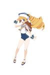  1girl anchor_symbol archer_(disgaea) blonde_hair blue_eyes blue_swimsuit disgaea disgaea_rpg drill_hair eyebrows_visible_through_hair full_body hat long_hair official_art one-piece_swimsuit open_mouth pointy_ears sailor_collar sailor_hat salute sandals single_vertical_stripe sleeveless solo strappy_heels swimsuit transparent_background wrist_cuffs 