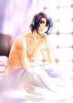  1boy athrun_zala backlighting bed_sheet blue_hair blurry blurry_background closed_mouth collarbone green_eyes gundam gundam_seed indoors leaning_forward looking_at_viewer male_focus nude parubinko shiny shiny_hair smile solo under_covers 