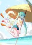  1girl absurdres alternate_costume aqua_eyes bangs barefoot blue_hair denim denim_shorts eyebrows_visible_through_hair floating_hair food fruit grapes hatsune_miku highres holding holding_umbrella jumping long_hair looking_to_the_side midriff neck_ribbon ribbon rzx0 sandals sandals_removed scenery shorts starfruit twintails umbrella vocaloid watermelon 