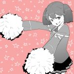  1girl bright_pupils cheerleader cowboy_shot eyebrows_visible_through_hair highres jacket kantai_collection long_sleeves looking_at_viewer pink_background pleated_skirt pom_poms ryuujou_(kantai_collection) short_hair skirt smile solo star_(symbol) tocky twintails white_pupils 