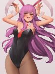  1girl alternate_costume animal_ears arms_up bangs blush breasts brown_legwear bunny_girl bunny_pose bunnysuit djjj5322 eyebrows fang long_hair looking_at_viewer necktie open_mouth pantyhose purple_hair rabbit_ears red_eyes red_neckwear reisen_udongein_inaba small_breasts smile solo swept_bangs tongue tongue_out touhou very_long_hair wrist_cuffs 