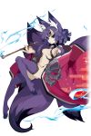  1girl :o animal_ear_fluff animal_ears breasts disgaea disgaea_rpg eyebrows_visible_through_hair fox_ears fox_tail holding long_hair medium_breasts multiple_tails navel nine-tailed_fox_(disgaea) official_art pipe purple_hair revealing_clothes slit_pupils solo tail transparent_background 