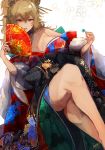  1girl absurdres animal_ears arknights blonde_hair breasts crossed_arms fan hair_between_eyes highres japanese_clothes kimono large_breasts lion_ears long_hair looking_at_viewer off_shoulder oiran paper_fan parted_lips siege_(arknights) smile solo thighs tomocha_(tmc_tmc8) 