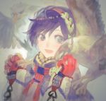  1boy animal_on_shoulder bird bird_on_hand bird_on_shoulder brown_eyes drawr eagle gloves grey_eyes hairband heterochromia high_collar male_focus nishihara_isao open_mouth original photoshop_(medium) purple_hair short_hair smile solo 