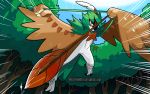  absurdres arrow_(projectile) bird blue_sky bow_(weapon) commentary decidueye deviantart_username emphasis_lines english_commentary flying gen_7_pokemon grass harlequinwaffles highres holding holding_arrow holding_bow_(weapon) holding_weapon mixed-language_commentary no_humans outdoors owl pokemon pokemon_(creature) signature sky solo spanish_commentary speed_lines spread_wings starter_pokemon talons tree watermark weapon web_address wings 