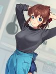  1girl absurdres apron bangs blue_apron blue_eyes blue_skirt blurry blurry_background brown_hair closed_mouth commentary depth_of_field dutch_angle eyebrows_visible_through_hair grey_shirt hair_ribbon highres idolmaster idolmaster_million_live! indoors kamille_(vcx68) kitchen long_sleeves looking_at_viewer medium_hair miniskirt pleated_skirt ponytail red_ribbon ribbed_shirt ribbon satake_minako shirt skirt smile solo standing tying_hair waist_apron 