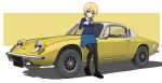  1girl absurdres black_legwear blonde_hair blue_eyes blue_sweater braid car darjeeling_(girls_und_panzer) emblem girls_und_panzer ground_vehicle highres kano_(nakanotakahiro1029) legs motor_vehicle pantyhose school_uniform sweater vehicle_focus 