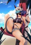 1girl alternate_costume arknights bare_shoulders beach blue_hair blue_sky breasts ch&#039;en_(arknights) closed_mouth clouds crop_top cup dragon_horns dragon_tail drinking_straw ett01024 folded_hair grey_shorts halterneck hammock hat highres holding holding_sword holding_weapon horns horns_through_headwear large_breasts leaf looking_at_viewer navel ocean peaked_cap pouch red_eyes sand shore short_shorts shorts sky slippers smile spread_legs stomach strap sunglasses sword tail tail_between_legs thighs under_boob watch water weapon weapon_bag