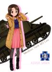  1girl absurdres boots brown_eyes brown_hair casual character_name coat emblem girls_und_panzer ground_vehicle highres jewelry m3_lee military military_vehicle motor_vehicle necklace official_art ooarai_(emblem) pantyhose sawa_azusa skirt tank 