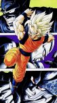 4boys angry antennae arms_up blonde_hair blue_footwear blue_theme boots cell_(dragon_ball) clenched_hand clenched_teeth dougi dragon_ball dragon_ball_(classic) dragon_ball_z fighting_stance fingernails floating frieza frown full_body green_background green_eyes hand_up highres leg_up looking_afar looking_at_viewer monochrome multiple_boys muscle official_art open_mouth paneled_background panels perfect_cell piccolo_daimaou pointy_ears profile red_eyes sharp_teeth son_gokuu spiky_hair super_saiyan teeth toriyama_akira wristband 
