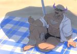  1boy abs bara beard bulge chest chest_hair facial_hair full_body furry horns katoributa_a male_focus manly muscle nipples pectorals purple_horns shennong_(tokyo_afterschool_summoners) shirtless solo thighs tokyo_houkago_summoners under_umbrella undressing violet_eyes white_hair 
