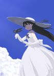  1girl aircraft airplane alternate_costume alternate_hairstyle biplane black_hair choker dress elbow_gloves gloves hat houshou_(kantai_collection) kantai_collection long_hair mihama_machi shaded_face solo sun_hat very_long_hair white_dress 