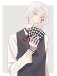  13isaco 1boy allen_walker card d.gray-man facial_mark grey_background grin hair_between_eyes hair_intakes head_tilt highres holding holding_card long_sleeves looking_at_viewer male_focus neck_ribbon red_ribbon ribbon shirt silver_hair smile solo striped striped_ribbon two-tone_background upper_body vest violet_eyes white_background white_shirt 