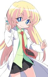  1girl black_skirt blonde_hair blue_eyes blush_stickers eyebrows_visible_through_hair green_shirt ixy labcoat long_hair long_sleeves looking_at_viewer necktie pani_poni_dash! pleated_skirt rebecca_miyamoto red_neckwear shirt simple_background skirt smile solo white_background 