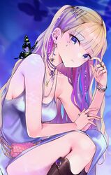  1girl bangs bare_arms bare_shoulders blonde_hair blue_eyes bracelet breasts bug butterfly butterfly_on_shoulder commentary_request dress eyebrows_visible_through_hair feet_out_of_frame grey_dress hand_up highres insect jewelry looking_at_viewer medium_breasts mirei multicolored_hair necklace original purple_hair ring sitting solo spaghetti_strap 