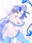  1girl bangs bare_shoulders bikini blue_bow blue_eyes blue_ribbon bow breasts choker closed_mouth collarbone commentary_request earrings eyebrows_visible_through_hair fate/grand_order fate_(series) frilled_bikini frills grey_background hair_ornament hair_ribbon highres jewelry long_hair long_sleeves looking_at_viewer meltryllis meltryllis_(swimsuit_lancer)_(fate) mikan_(chipstar182) navel puffy_sleeves purple_hair ribbon simple_background sleeves_past_fingers sleeves_past_wrists small_breasts solo swimsuit v-shaped_eyebrows very_long_hair white_background 