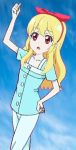  2013 aikatsu! aikatsu!_(series) blonde_hair blue_pajamas blue_sky clouds goodnight_aqua hair_ribbon hairband hand_on_hip hoshimiya_ichigo long_hair looking_at_viewer open_mouth outstretched_arm pajamas red_eyes ribbon signature sky 