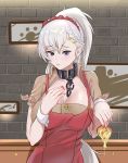  1girl absurdres alternate_costume apron azur_lane belfast_(azur_lane) breasts brick_wall brown_dress chain commentary_request dress hair_ornament hair_scrunchie highres holding_pizza large_breasts long_hair picture_frame ponytail qingjiao_rou_si red_apron red_scrunchie scrunchie short_sleeves silver_hair solo upper_body violet_eyes 