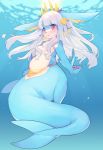 1girl animal_ears animal_nose blue_fur blue_skin blush breasts commentary_request eyebrows_visible_through_hair furry hair_censor highres hybrid kishibe long_hair looking_at_viewer mermaid monster_girl navel original pawpads pink_eyes plump seashell shell silver_hair small_breasts snout solo underwater white_fur white_skin