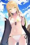  1girl bare_shoulders bikini black_jacket blonde_hair breasts clouds collarbone cowboy_shot day front-tie_bikini front-tie_top green_eyes groin halter_top halterneck hands_up highres jacket long_hair looking_at_viewer navel off_shoulder open_clothes open_jacket original outdoors parted_lips sasahara_wakaba side-tie_bikini sky small_breasts solo standing stomach strap_pull string_bikini swimsuit thighs white_bikini wristband 
