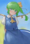  1girl arm_behind_back blue_eyes blush bow closed_mouth collared_shirt daiyousei djjj5322 hair_bow looking_at_viewer puffy_short_sleeves puffy_sleeves shirt short_hair short_ponytail short_sleeves side_ponytail smile solo touhou white_shirt wings yellow_bow 