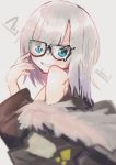  1girl ars_almal bangs bare_shoulders black_jacket black_tank_top blue_eyes blurry blurry_foreground blush character_name daifukumochi_(akaaokiiwo) depth_of_field eyebrows_visible_through_hair fur-trimmed_jacket fur_trim grey_background grin hair_between_eyes jacket looking_at_viewer looking_to_the_side nijisanji off_shoulder open_clothes open_jacket simple_background smile solo tank_top upper_body v-shaped_eyebrows virtual_youtuber 