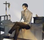  1boy absurdres albino_(a1b1n0623) alternate_costume amputee bangs bed black_hair crossed_legs eyepatch fate/grand_order fate_(series) full_body green_eyes hair_slicked_back highres light_rays long_sleeves male_focus one_eye_covered parted_bangs pillow sherlock_holmes_(fate/grand_order) shiny shiny_hair sitting solo sunlight 