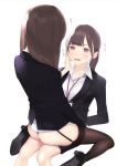  2girls ama_mitsuki arms_behind_back ass bangs black_legwear blush brown_eyes brown_hair business_suit caress collared_shirt eye_contact formal garter_straps hand_on_another&#039;s_cheek hand_on_another&#039;s_face jacket lanyard looking_at_another multiple_girls no_pants office_lady open_mouth original shirt sitting sitting_on_lap sitting_on_person suit tears thigh-highs translation_request white_shirt yuri 