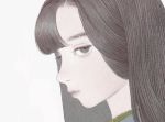  1girl bangs brown_hair closed_mouth expressionless eyebrows eyelashes from_side grey_background grey_eyes lips long_hair looking_at_viewer looking_to_the_side matayoshi negative_space nose original pale_skin parted_bangs portrait profile simple_background solo straight_hair 