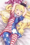  1girl american_flag_dress american_flag_legwear arms_up bed_sheet blonde_hair bound bound_wrists clownpiece fairy_wings half-closed_eyes hat headwear_removed highres jester_cap kawayabug long_hair neck_ruff on_bed open_mouth polka_dot_headwear red_eyes touhou upskirt wings 