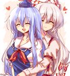  2girls ^_^ armband artist_name bangs beige_shirt blue_dress blue_hair blue_headwear blush bow breasts closed_eyes closed_mouth collarbone collared_dress collared_shirt dress eyebrows_visible_through_hair fujiwara_no_mokou hair_between_eyes hair_bow hat heart highres holding_person hug jewelry kamishirasawa_keine long_hair long_sleeves multicolored_bow multicolored_hair multiple_girls multiple_hair_bows open_mouth pants pudding_(skymint_028) puffy_short_sleeves puffy_sleeves red_bow red_neckwear red_pants shirt short_sleeves signature silver_hair smile suspenders touhou two-tone_hair upper_body white_bow white_sleeves 