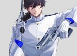  1boy bangs black_hair bluespeaker close-up eyebrows_visible_through_hair fate/grand_order fate_(series) gloves gun japanese_clothes koha-ace long_hair long_sleeves looking_to_the_side male_focus ponytail sakamoto_ryouma_(fate) simple_background smile solo upper_body weapon white_gloves 