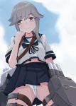  1girl alakoala blue_sailor_collar blue_skirt blue_sky brown_eyes clouds cowboy_shot from_below grey_hair highres kantai_collection long_hair looking_to_the_side machinery panties pantyshot pleated_skirt sailor_collar school_uniform serafuku skirt sky solo torpedo_launcher underwear usugumo_(kantai_collection) white_panties 