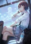  1girl asakura_tooru blurry_foreground bottle bracelet brown_hair cardigan_around_waist clouds condensation_trail crossed_legs dutch_angle earphones highres idolmaster idolmaster_shiny_colors jewelry necktie ocean scenery school_uniform short_hair sitting sky solo water_bottle window yasukura_(shibu11) 