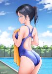  1girl artist_name ass back_cutout black_hair blue_eyes blue_sky blue_swimsuit bush chain-link_fence clouds commentary_request competition_swimsuit cowboy_shot day fence hanafuda_sakura long_hair one-piece_swimsuit orange_towel original ponytail pool profile sky solo swimsuit twitter_username 