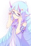  1girl :o adjusting_eyewear ahoge animal_ear_fluff animal_ears arm_ribbon bangs blue-framed_eyewear blue_hair blue_ribbon blunt_bangs blush delmin_(show_by_rock!!) dress drill_hair e20 flower hair_flower hair_ornament highres horns long_hair looking_at_viewer nail_polish neck_ribbon purple_dress purple_nails purple_neckwear ribbon sailor_collar semi-rimless_eyewear show_by_rock!! sleeveless sleeveless_dress solo under-rim_eyewear very_long_hair violet_eyes 