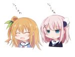  2girls blush chiyoda_momo eyebrows_visible_through_hair hair_bun hair_ornament hair_ribbon hinatsuki_mikan long_hair mac_4229 machikado_mazoku multiple_girls open_mouth orange_hair pink_hair ribbon shiny shiny_hair side_bun simple_background white_background 