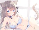  1girl animal_ear_fluff animal_ears bangs bare_arms bare_shoulders bed_sheet bell bell_collar blue_bra blue_collar blue_eyes blue_panties blush bow bow_bra bow_panties bra breasts brown_hair cat_ears cat_girl cat_tail closed_mouth collar collarbone eyebrows_visible_through_hair frilled_panties frills hair_between_eyes hair_ornament hairclip hoshi_(snacherubi) jingle_bell long_hair looking_at_viewer lying mole mole_on_breast navel on_side original panties solo tail thigh-highs underwear underwear_only very_long_hair white_legwear window 