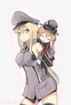  2girls ahenn barefoot bismarck_(kantai_collection) black_legwear blonde_hair blue_eyes breasts cowboy_shot detached_sleeves eyebrows_visible_through_hair grey_legwear hair_between_eyes hat kantai_collection large_breasts long_hair long_sleeves low_twintails military military_hat military_uniform multiple_girls peaked_cap prinz_eugen_(kantai_collection) thigh-highs twintails twitter_username uniform 