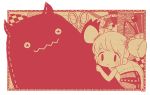 1girl ayu_(mog) blush_stickers border hair_bobbles hair_ornament looking_at_viewer monochrome original red_theme signature solid_oval_eyes solo stuffed_toy tagme twintails white_border 