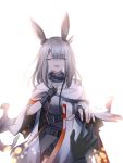  1girl animal_ears arknights bangs belt black_gloves facial_scar frostnova_(arknights) gloves hair_ornament hair_over_one_eye hairclip highres jacket long_hair looking_at_viewer nose_scar outstretched_arm rabbit_ears rahnsiegfried scar silver_hair smile white_hair 