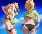  1girl adjusting_clothes adjusting_swimsuit armpits arms_behind_head arms_up ass back bare_shoulders bikini black_bikini blue_sky braid breasts fate/apocrypha fate_(series) french_braid from_behind green_hair green_shirt hair_ornament hair_scrunchie highres long_hair mordred_(fate) mordred_(fate)_(all) multiple_views navel ponytail red_scrunchie scrunchie shirt sidelocks sky small_breasts smile solo swimsuit tank_top tonee 