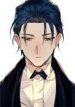  1boy absurdres albino_(a1b1n0623) bangs black_hair bow bowtie close-up closed_mouth expressionless eyebrows_visible_through_hair face fate/grand_order fate_(series) formal green_eyes hair_slicked_back highres huge_filesize jacket looking_down male_focus parted_bangs sherlock_holmes_(fate/grand_order) shiny shiny_hair shirt upper_body white_background white_shirt 