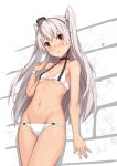  1girl against_wall amatsukaze_(kantai_collection) bikini blush breasts brown_eyes choker cowboy_shot fanbox_reward hat highres kantai_collection long_hair looking_at_viewer mini_hat navel outdoors paid_reward parted_lips silver_hair small_breasts solo swimsuit takanashi_kei_(hitsujikan) two_side_up under_boob white_bikini wristband 