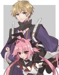  2boys absurdres astolfo_(fate) astolfo_(saber)_(fate) bangs bare_shoulders black_bow blush bow citron_82 fate/grand_order fate_(series) hair_intakes highres long_hair looking_at_viewer multicolored_hair multiple_boys otoko_no_ko pink_hair smile streaked_hair violet_eyes white_hair 