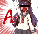  1girl akatsuki_(kantai_collection) arm_up arrow_(symbol) bar_censor black_skirt blush censored collarbone commentary_request crying dog_tags emphasis_lines eyebrows_visible_through_hair hair_between_eyes identity_censor kantai_collection letter long_sleeves neckerchief open_mouth pleated_skirt purple_hair red_neckwear sailor_collar shirt skirt solo white_serafuku white_shirt yua_(checkmate) 