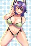  1girl bikini breasts commentary_request eyepatch floral_print full_body green_bikini headgear highleg highleg_bikini highleg_swimsuit highres kantai_collection kneeling large_breasts looking_at_viewer open_mouth polka_dot polka_dot_background purple_hair short_hair smile solo swimsuit tenryuu_(kantai_collection) upper_teeth v white_background yellow_eyes yuudadou 